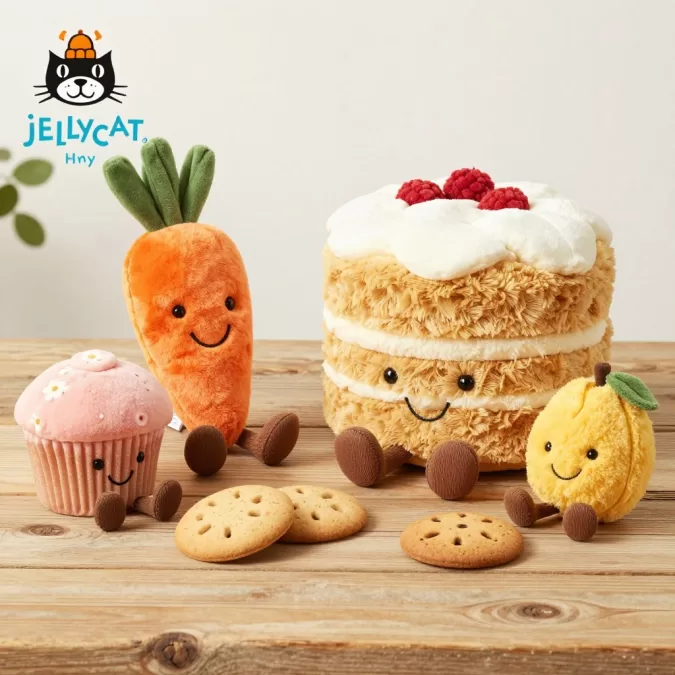 Collection of Jellycat Amusable food-themed plush toys displayed together