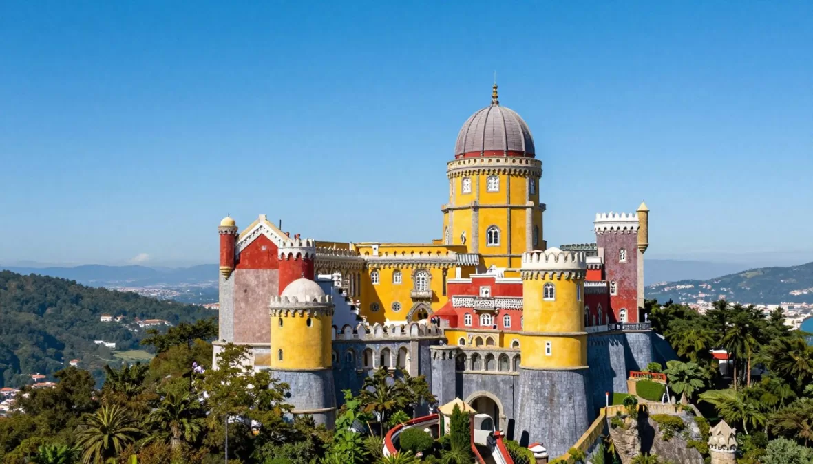 Colorful Pena Palace in Sintra Portugal on hilltop surrounded by forest