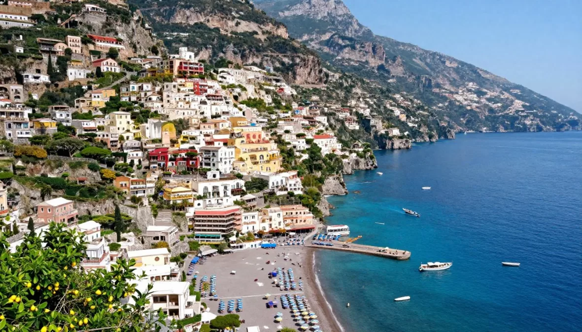 Colorful cliffside towns of Positano on the Amalfi Coast overlooking the Mediterranean Sea