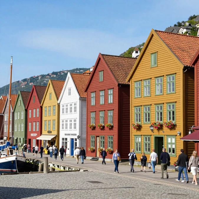 Colorful wooden buildings of Bryggen wharf in Bergen Norway during summer