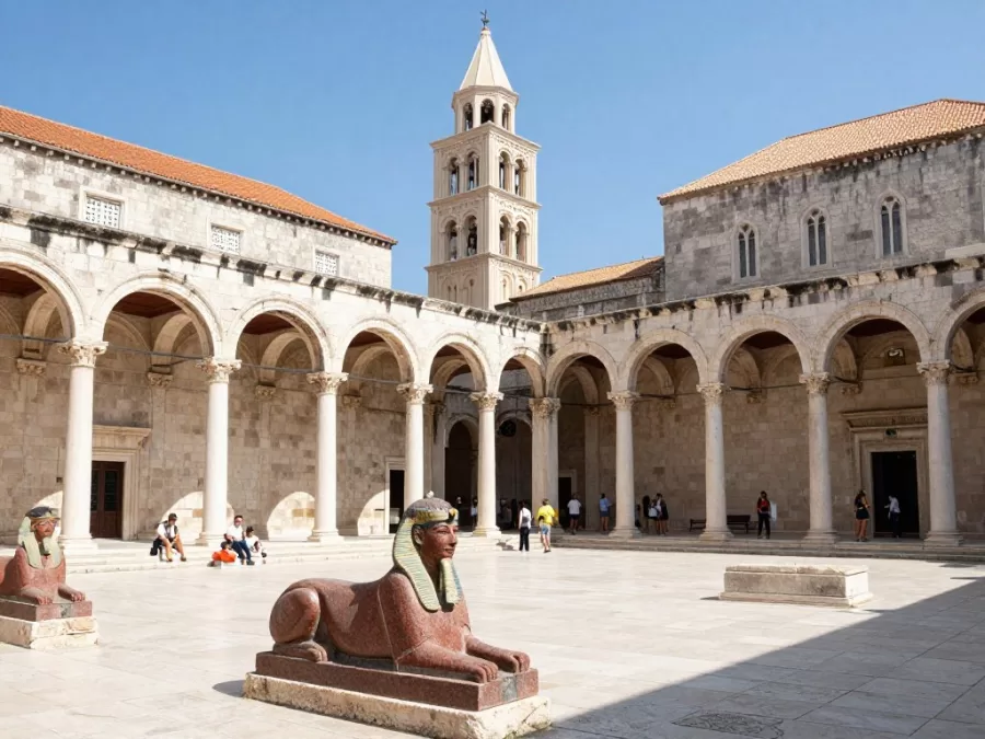 Diocletian Palace peristyle courtyard in Split Croatia with ancient Roman columns