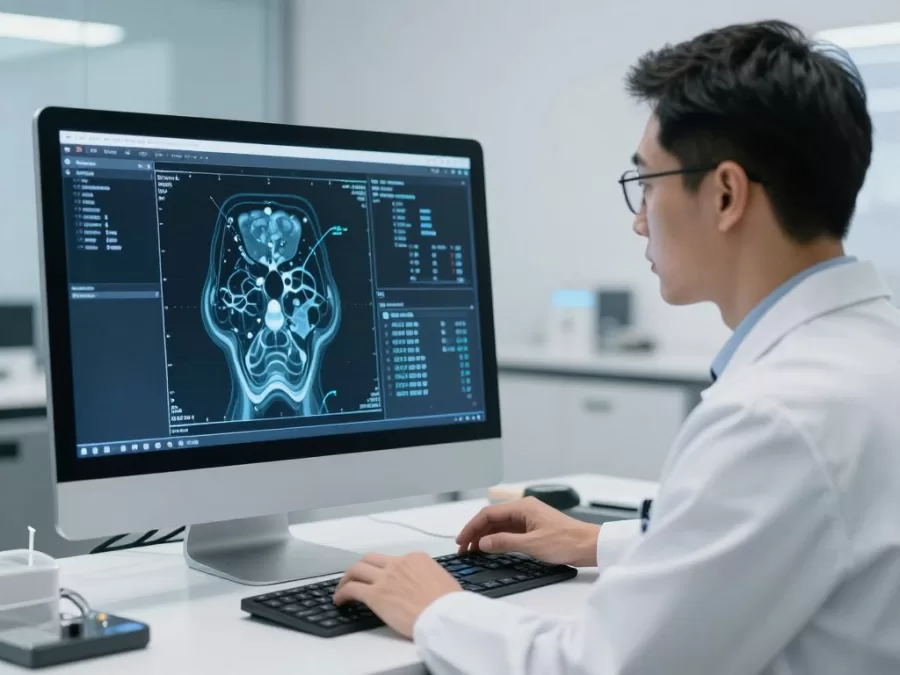 Doctor using AI diagnostic tools on computer