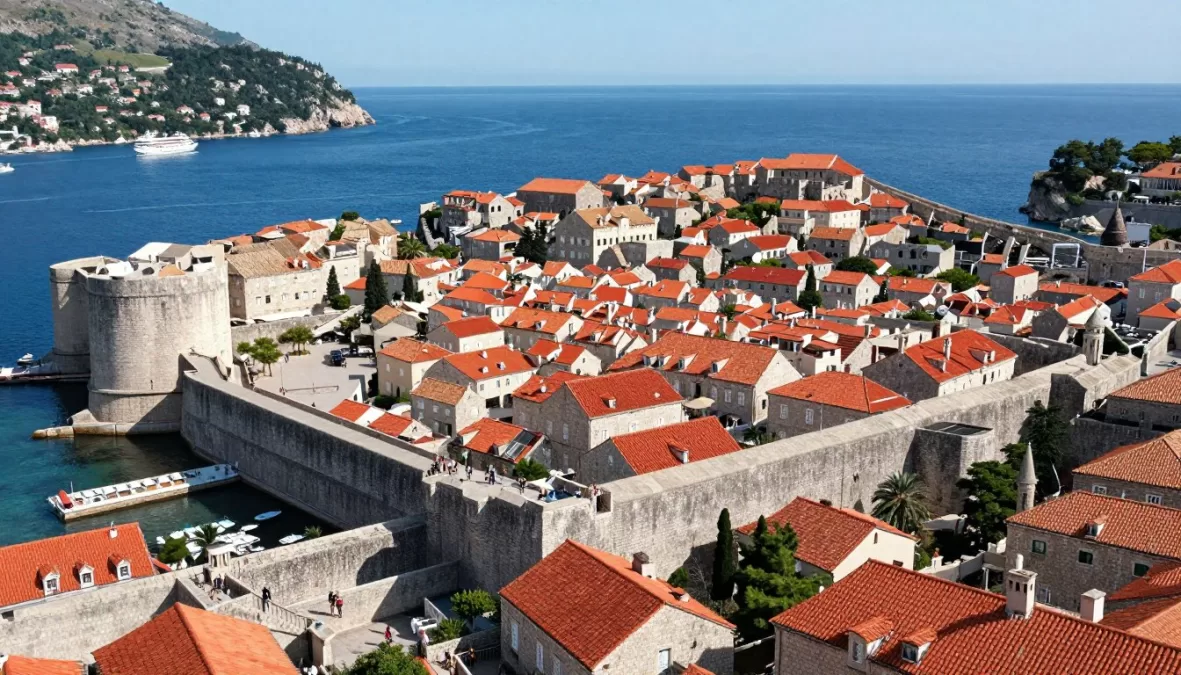 Dubrovnik old town walls overlooking the Adriatic Sea with red-tiled roofs in summer