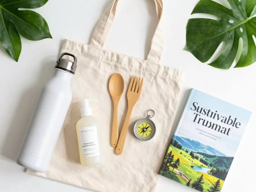Eco-friendly travel concept with reusable items and sustainable tourism practices