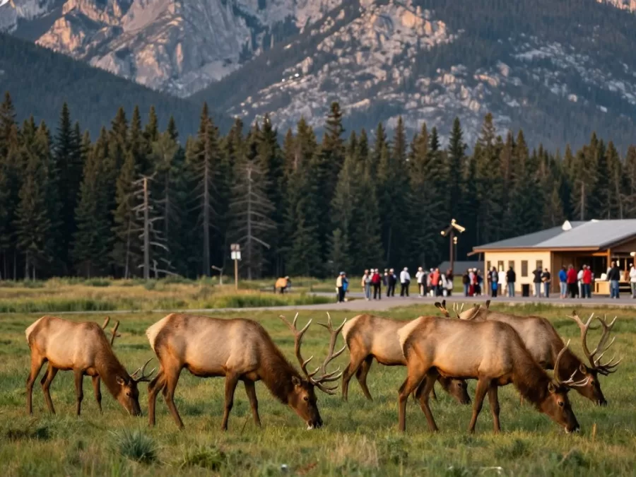 Elk herd grazing near Banff town with mountains in background during summer evening
