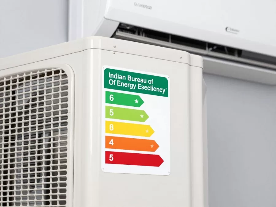 Energy efficiency star rating label on air conditioner displaying 5-star rating for top brands india Energy efficiency star rating label on air conditioner displaying 5-star rating for top brands india
