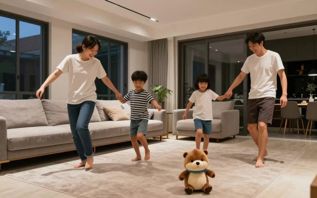 Family enjoying Dancing King George Beaver together in living room Family enjoying Dancing King George Beaver together in living room