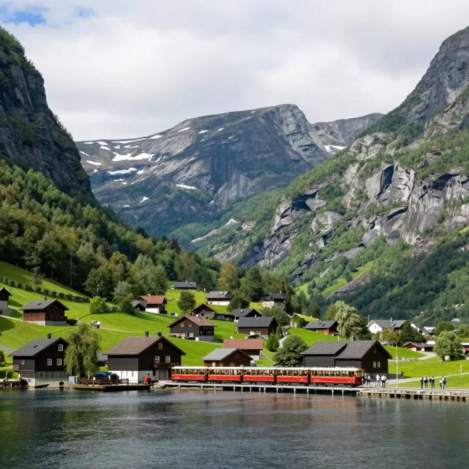 Flam village in Norway with fjord, mountains, and the famous railway station