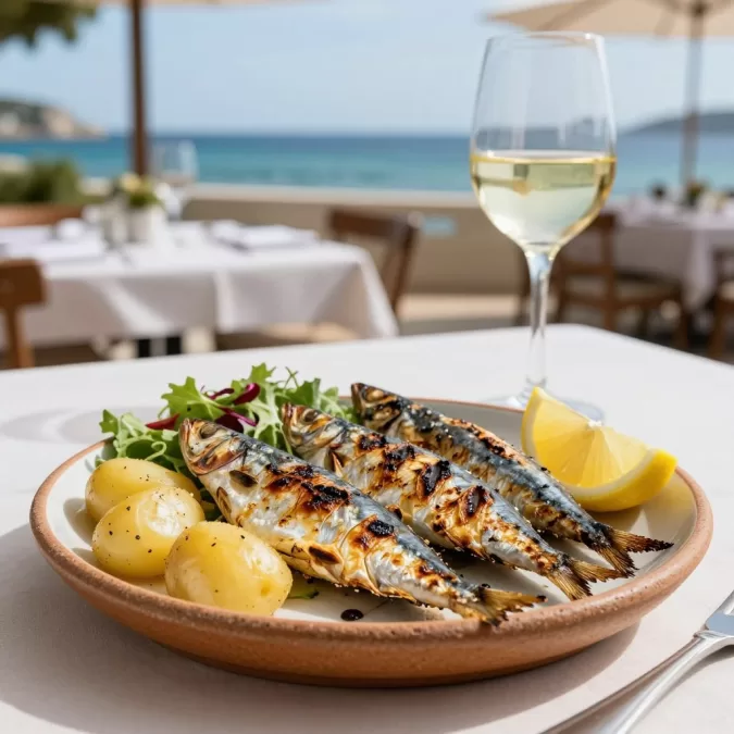 Fresh grilled sardines on plate with potatoes and salad Portuguese cuisine