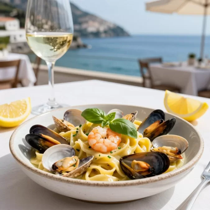 Fresh seafood pasta dish with local Amalfi Coast wine at waterfront restaurant