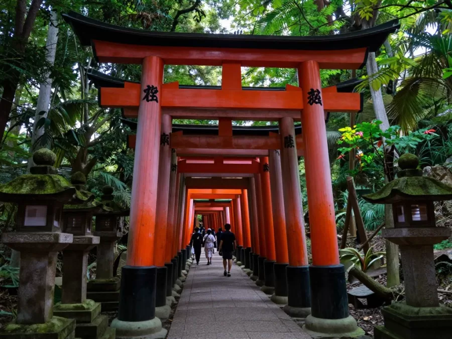 Fushimi Inari shrine with thousands of red torii gates forming tunnels through the forest