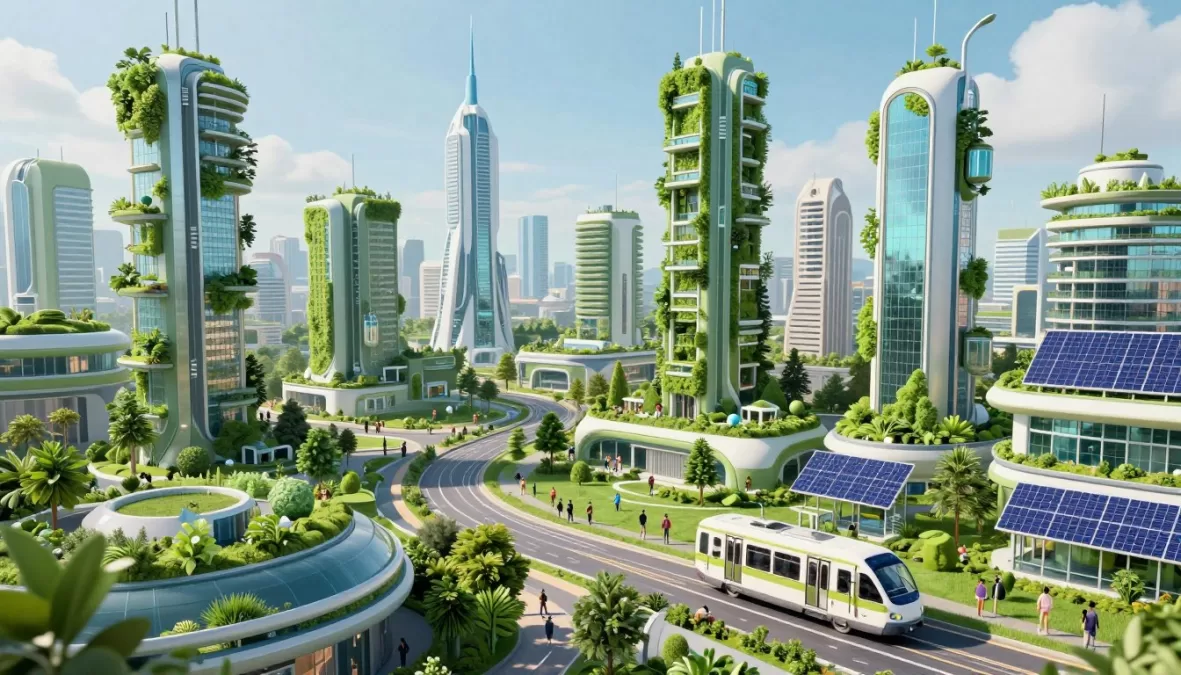 Future city showing advanced safety technology and sustainable development