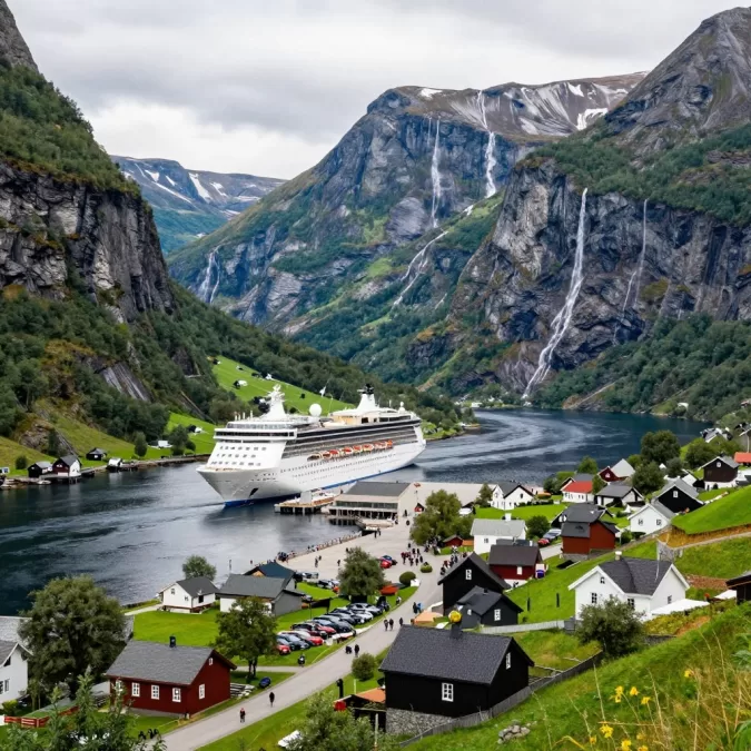 Geiranger village in Norway at the head of the famous fjord with cruise ship