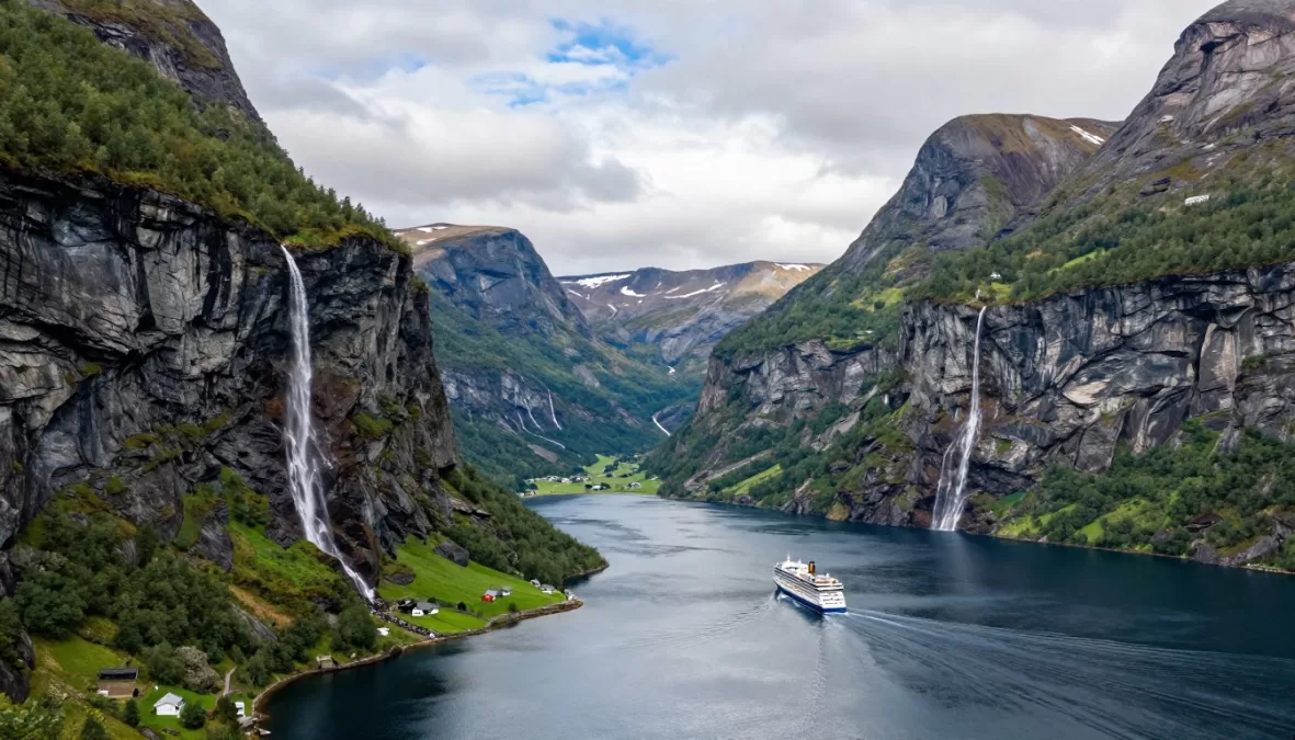 Geirangerfjord in Norway with steep mountains, waterfalls, and cruise ship in summer