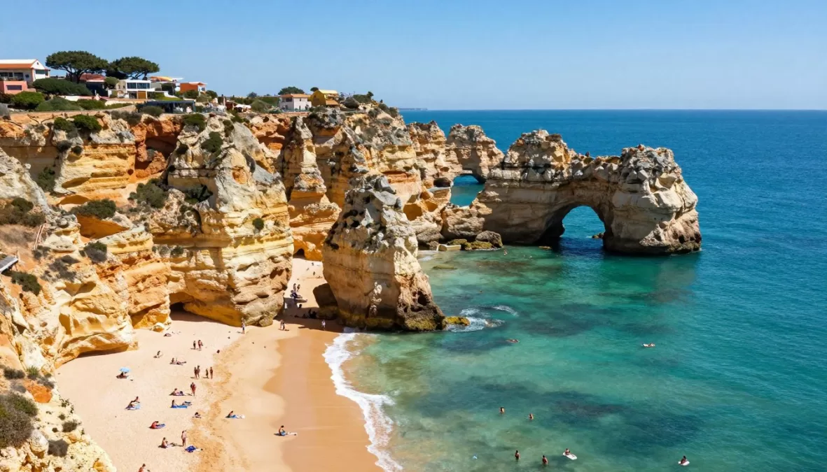 Golden cliffs and turquoise water at Praia da Marinha beach in Algarve Portugal during summer