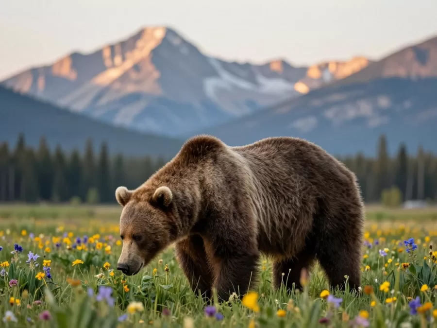 Grizzly bear feeding in alpine meadow with wildflowers in Banff National Park