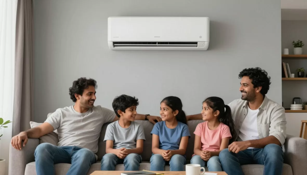 Happy Indian family relaxing in air-conditioned living room enjoying cool comfort Happy Indian family relaxing in air-conditioned living room enjoying cool comfort