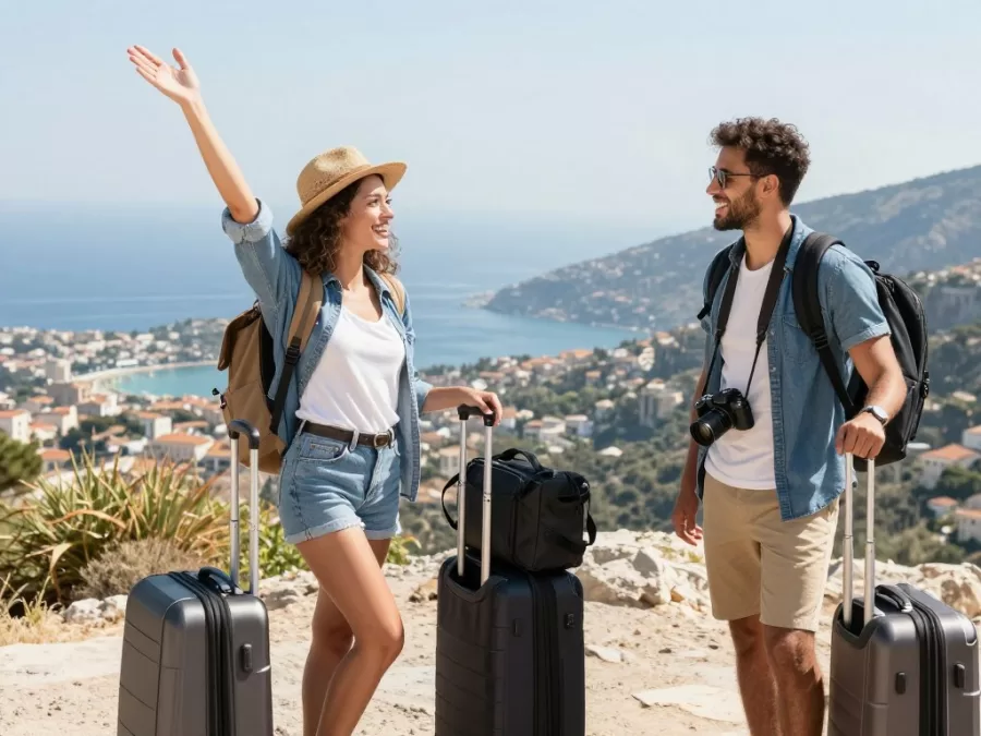 Happy travelers enjoying summer vacation at beautiful destination with luggage and camera