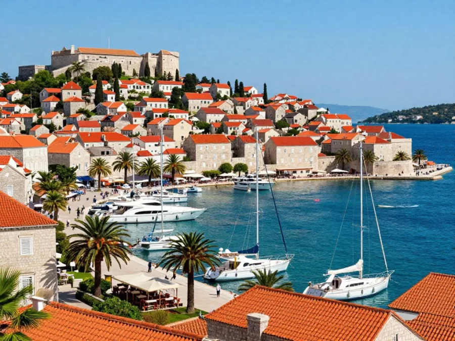 Hvar town harbor in Croatia with superyachts and medieval fortress on hilltop