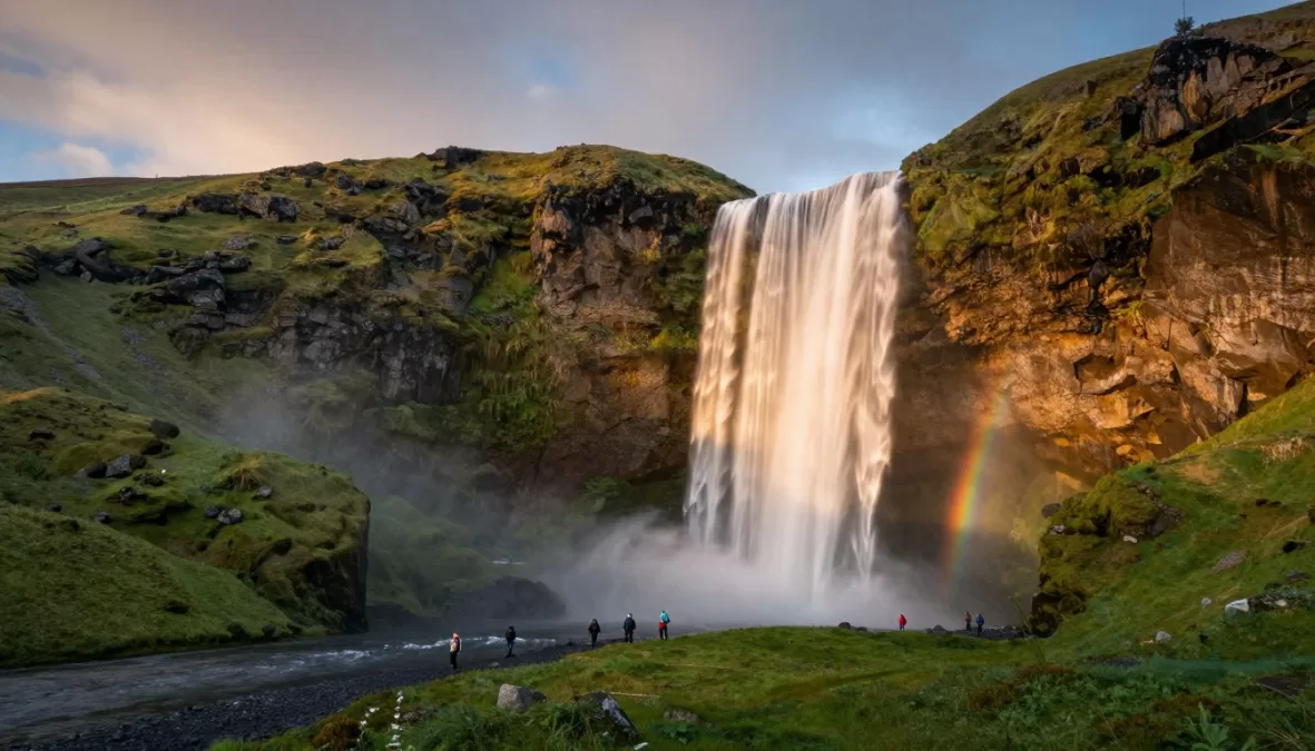 Iceland landscape with waterfalls, green valleys, and mountains under the midnight sun during summer