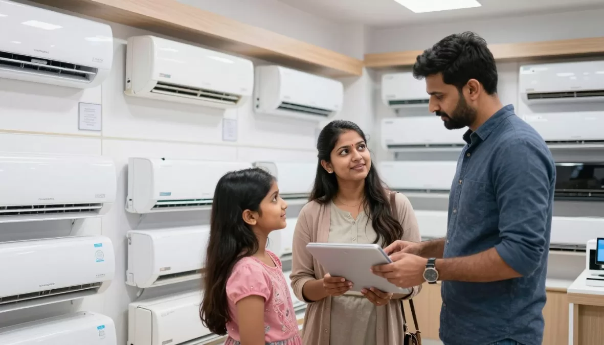 Indian family choosing air conditioner in electronics store with salesperson assistance Indian family choosing air conditioner in electronics store with salesperson assistance
