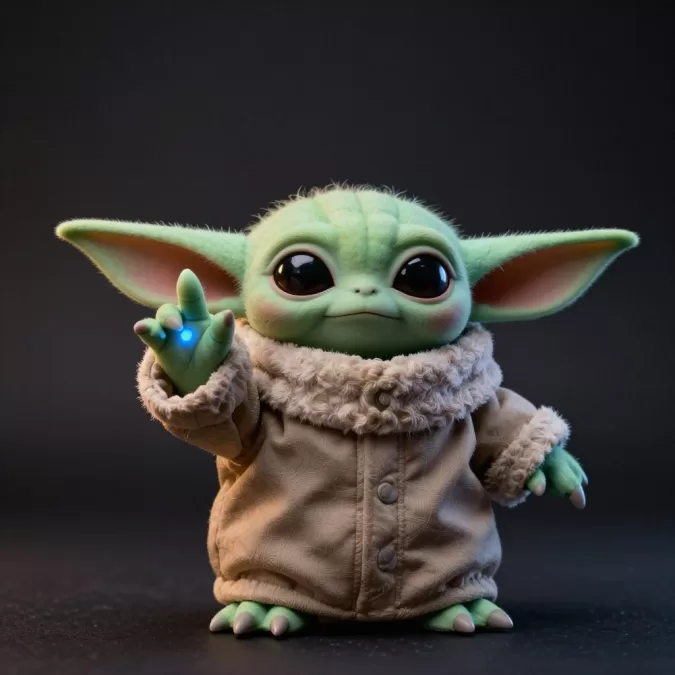 Interactive Grogu plush making force gesture with glowing hand