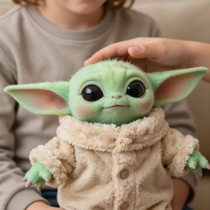 Interactive Grogu plush responding to child petting