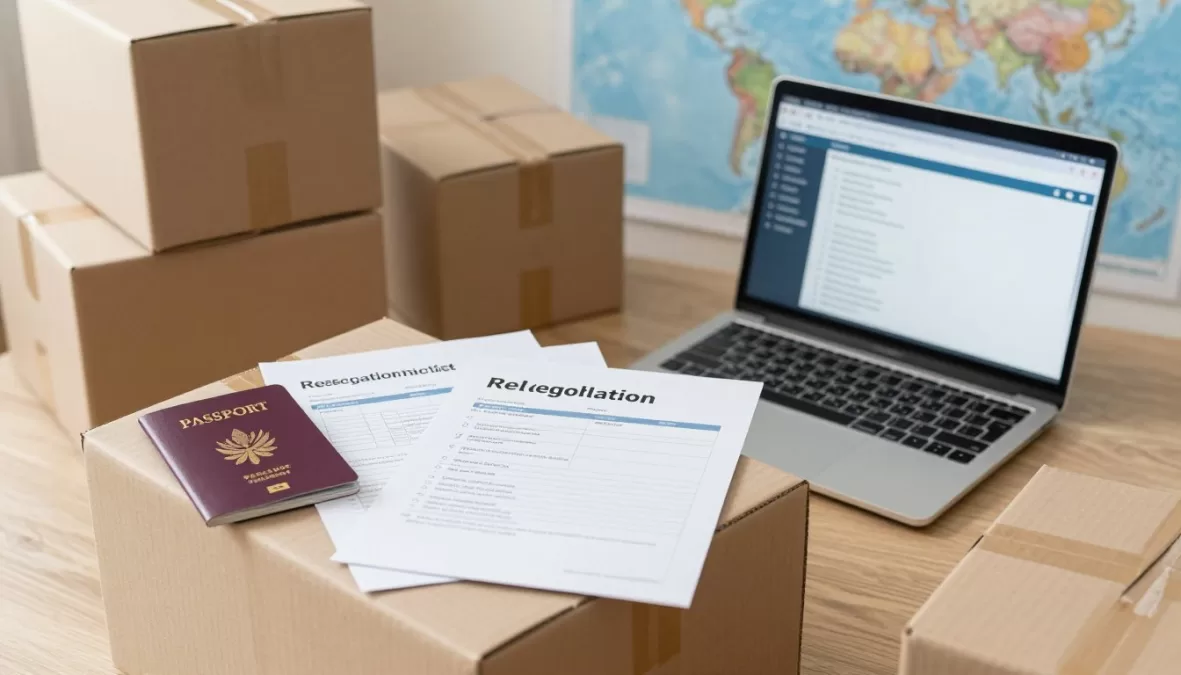 International relocation planning showing moving boxes and travel documents