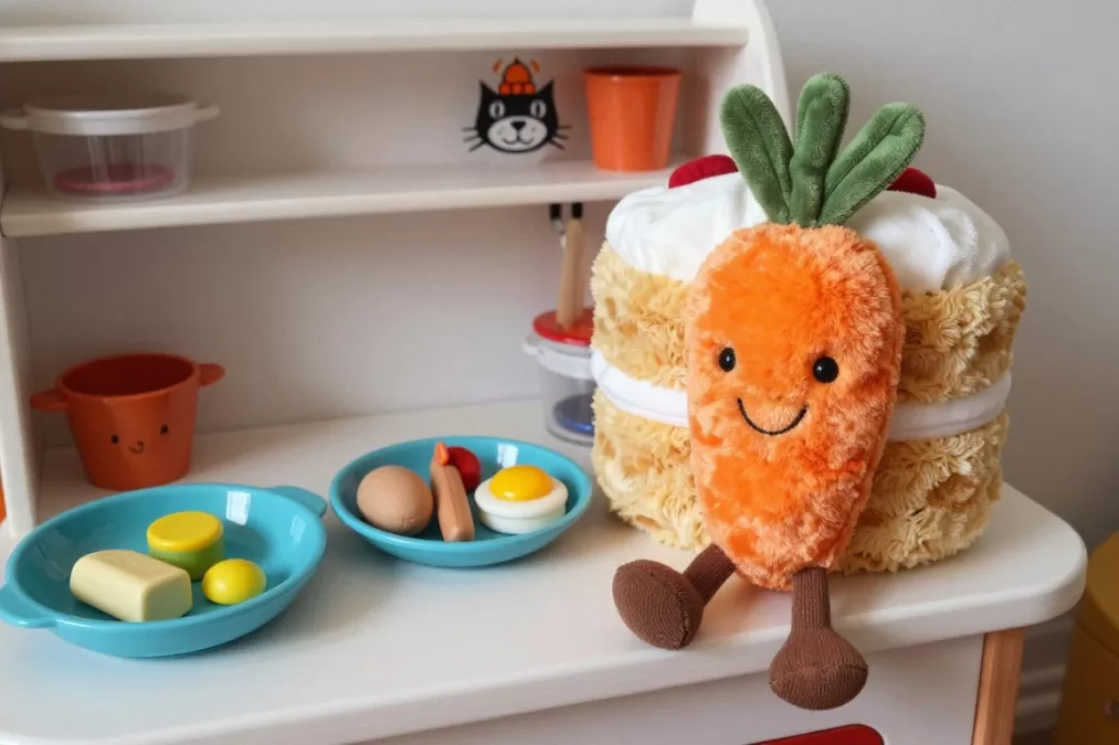 Jellycat Amusable Carrot Cake in pretend play kitchen setup