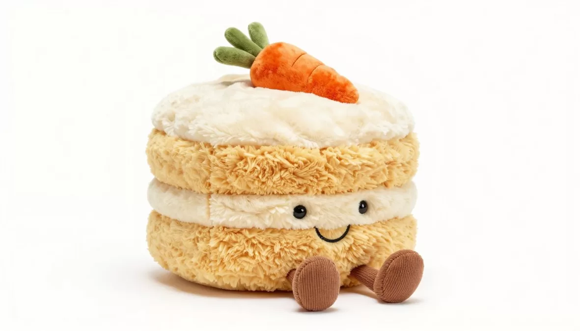 Jellycat Amusable Carrot Cake plush toy showing full design