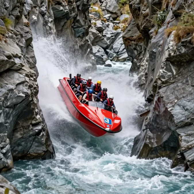 Jet boat speeding through narrow canyon on Shotover River Queenstown