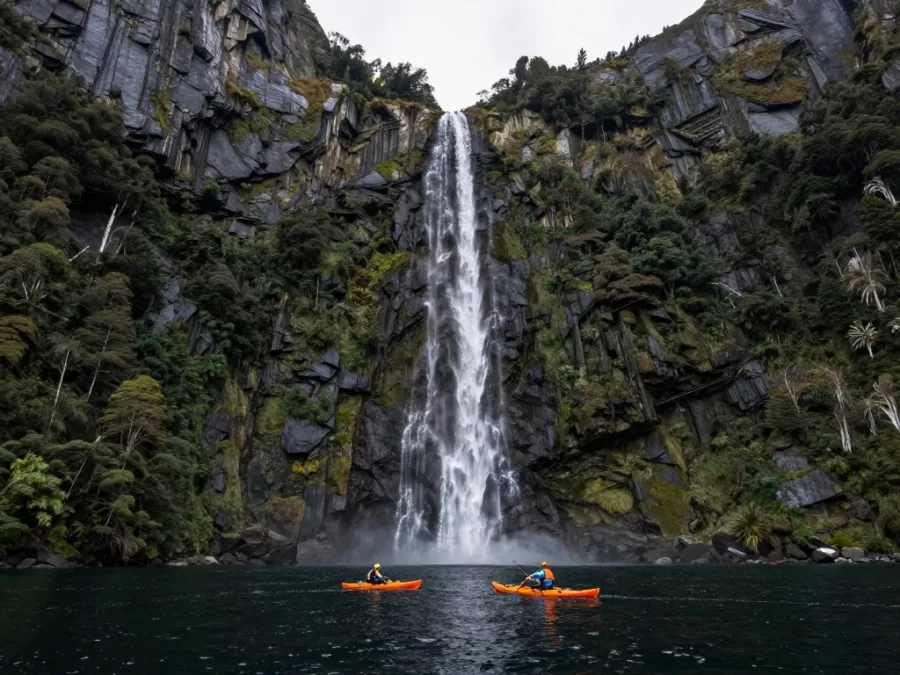Kayakers paddling in Milford Sound New Zealand with towering cliffs and waterfalls