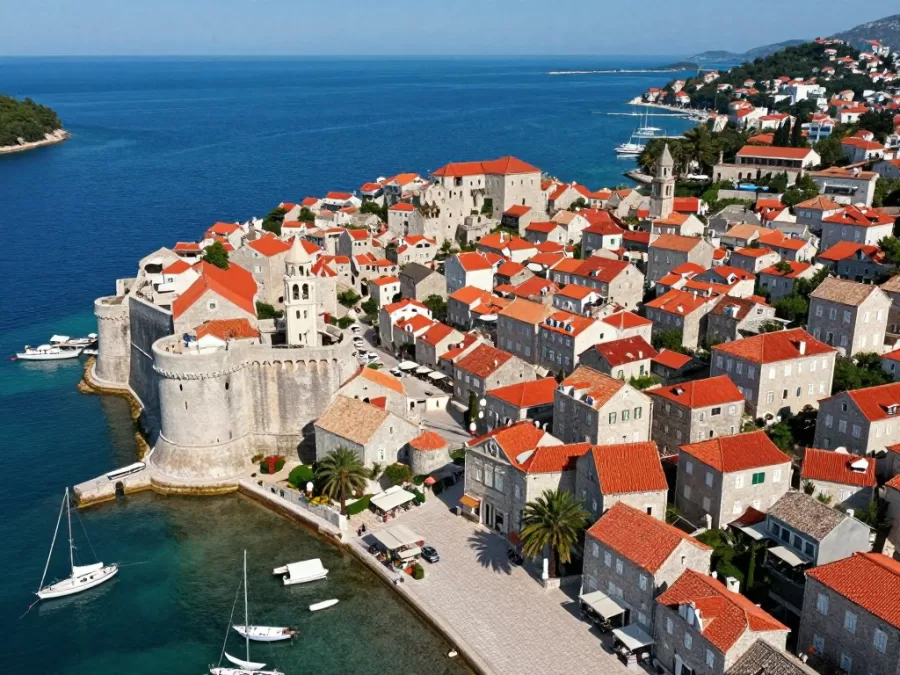 Korcula old town peninsula in Croatia with medieval walls and towers