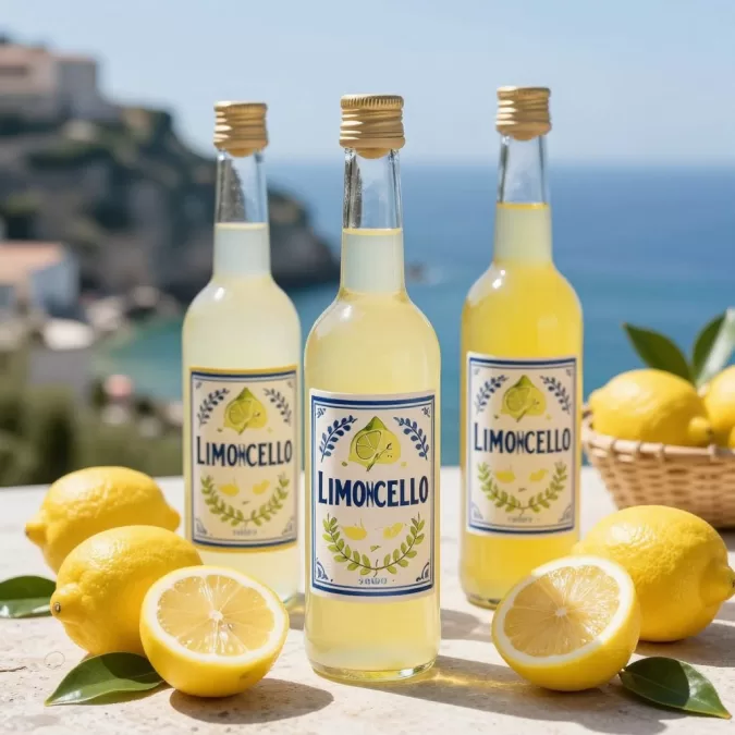 Limoncello bottles with fresh Amalfi lemons and coastal view