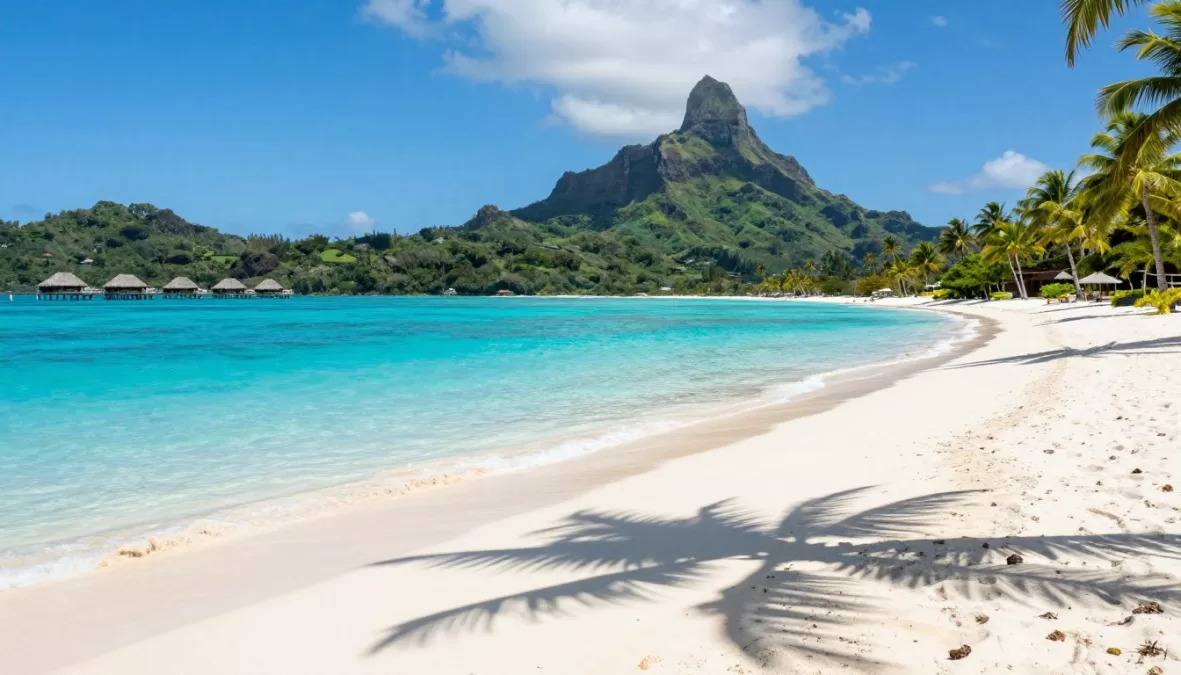 Matira Beach Bora Bora white sand turquoise lagoon Mount Otemanu