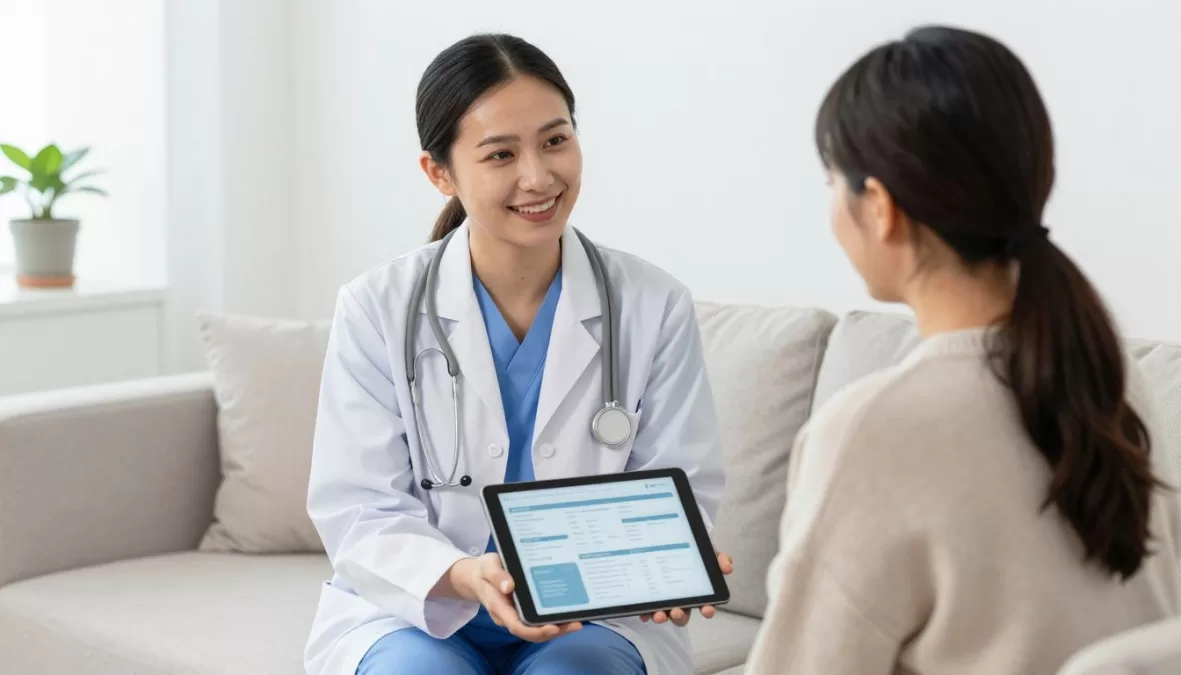 Medical coordinator assisting international patient