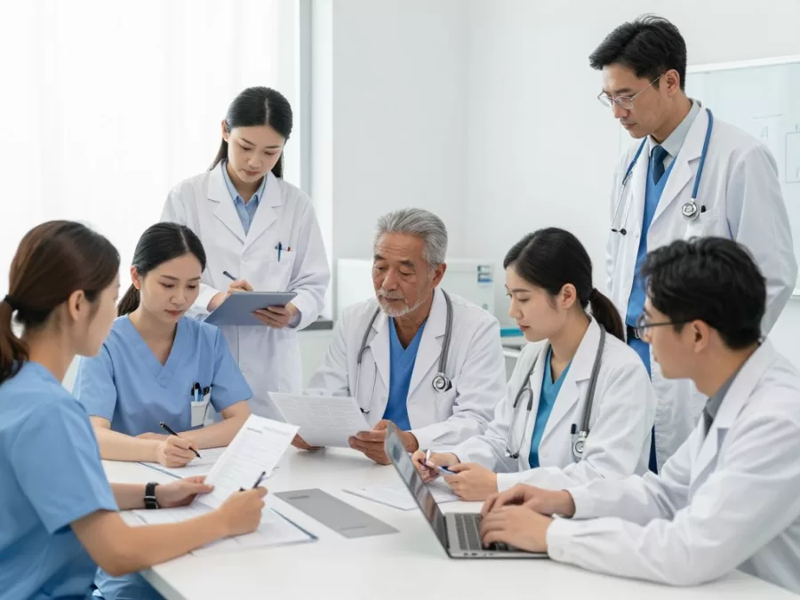 Medical professionals reviewing patient data in modern hospital setting