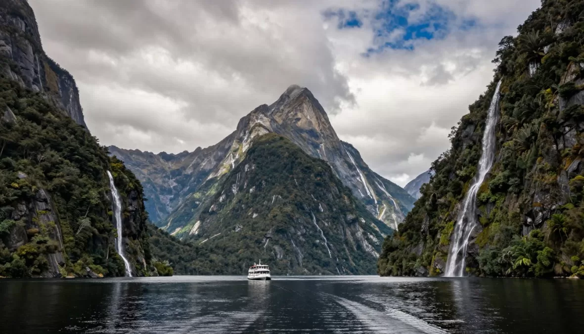 Milford Sound fiord in New Zealand with mountains, waterfalls, and rainforest during summer