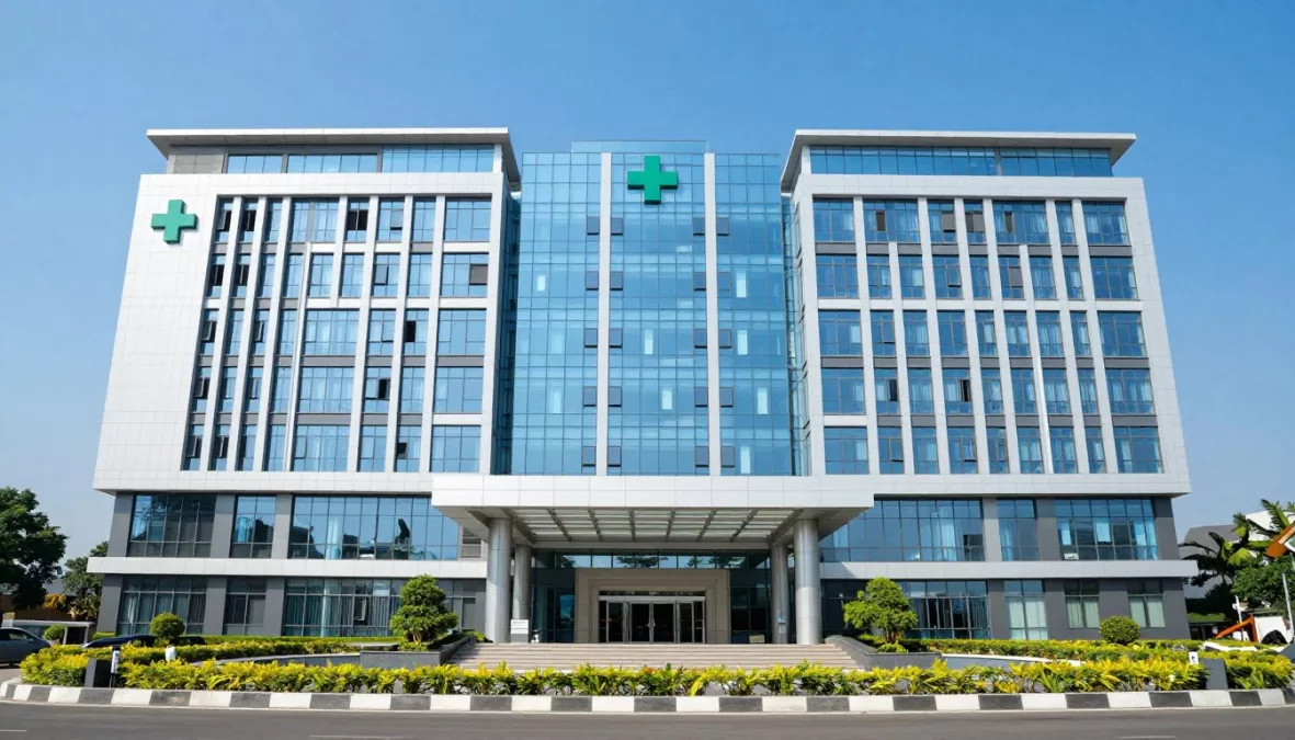 Modern hospital exterior in India with advanced medical facilities