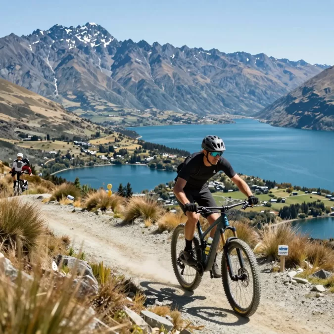 Mountain biking on scenic trail above Queenstown with lake views