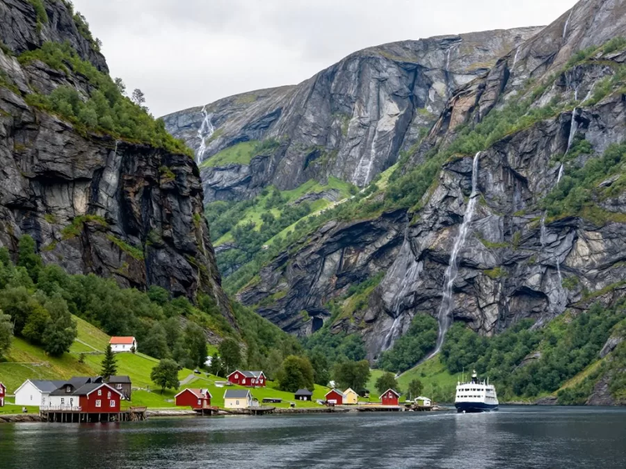 Narrow Naeroyfjord in Norway with steep cliffs and small village during summer
