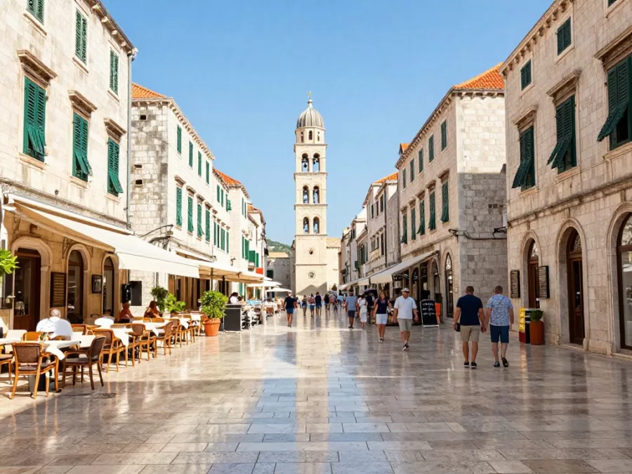 Narrow marble street in Dubrovnik old town with historic buildings and tourists
