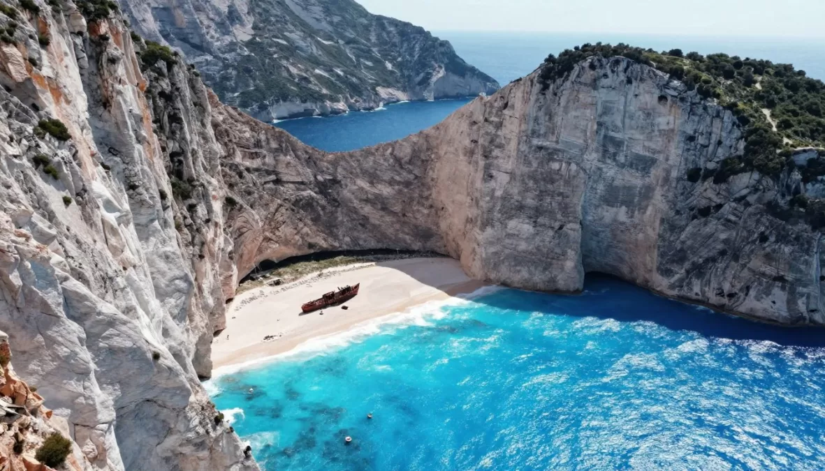 Navagio Beach Greece shipwreck white cliffs turquoise water Zakynthos