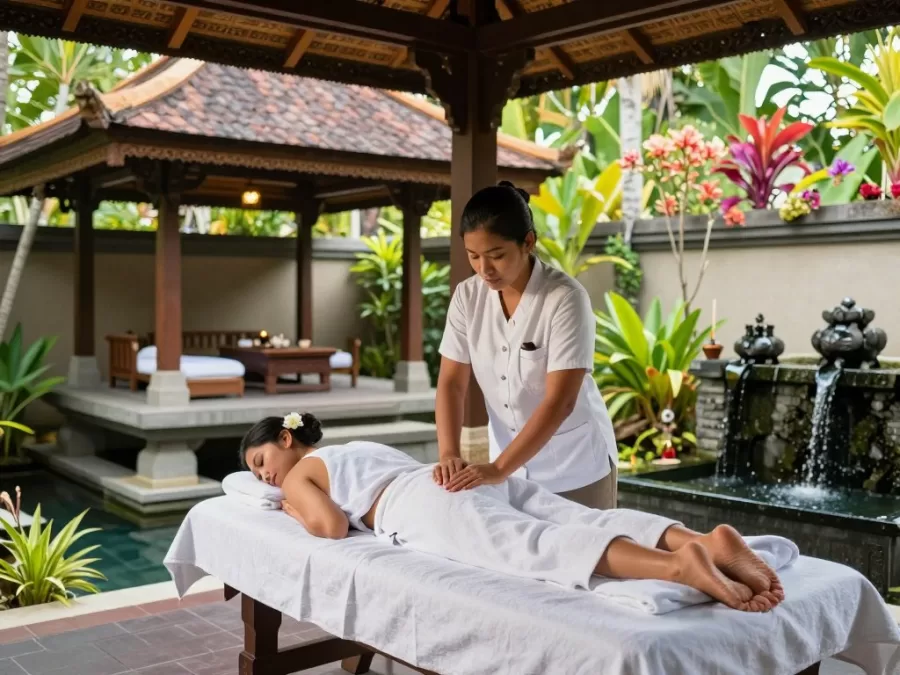 Outdoor spa treatment pavilion in tropical Balinese garden setting