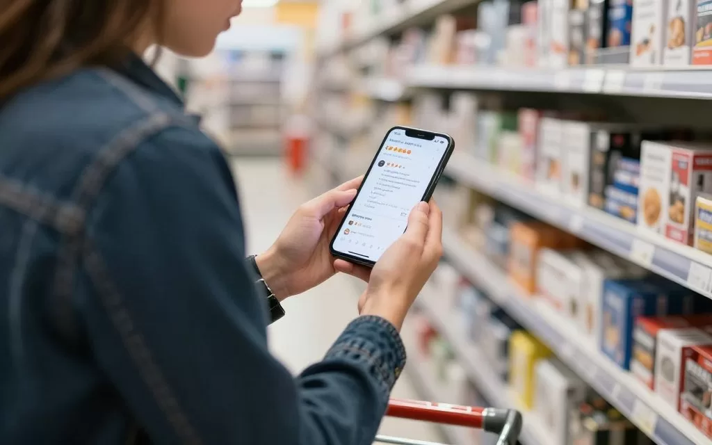 Parent comparing toys on smartphone while in toy store aisle