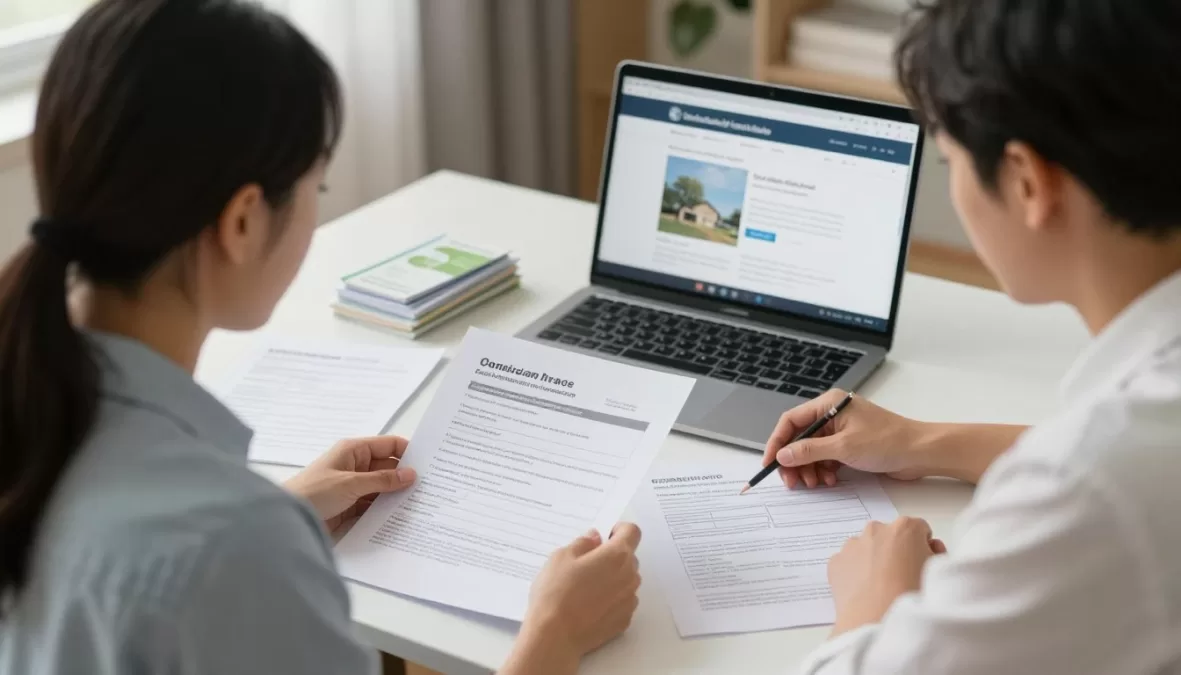 Parents reviewing school admission documents and forms