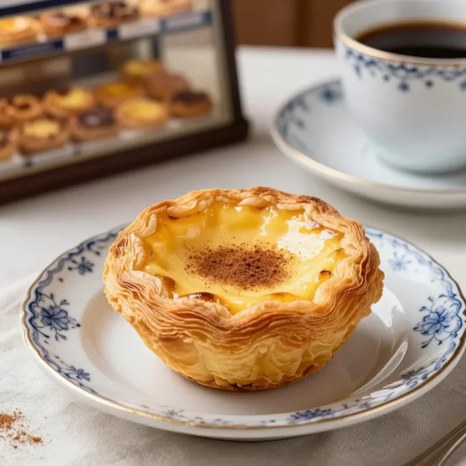 Pastel de nata Portuguese custard tart with cinnamon on vintage plate