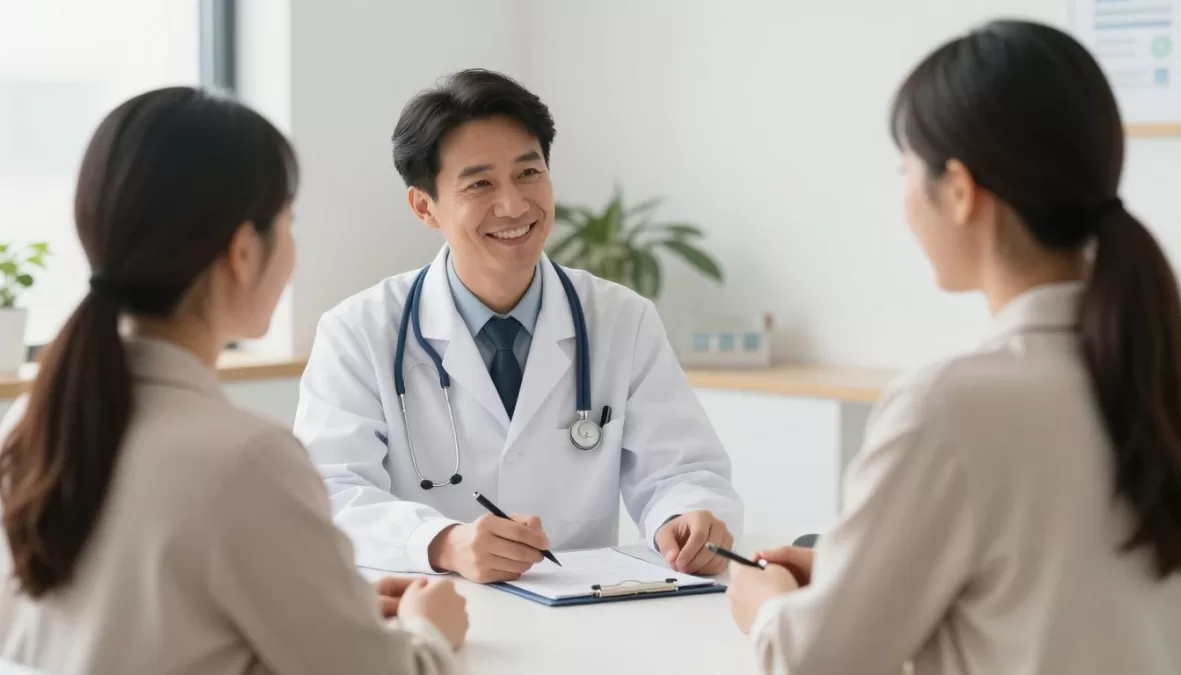 Patient confidently discussing healthcare options with doctor