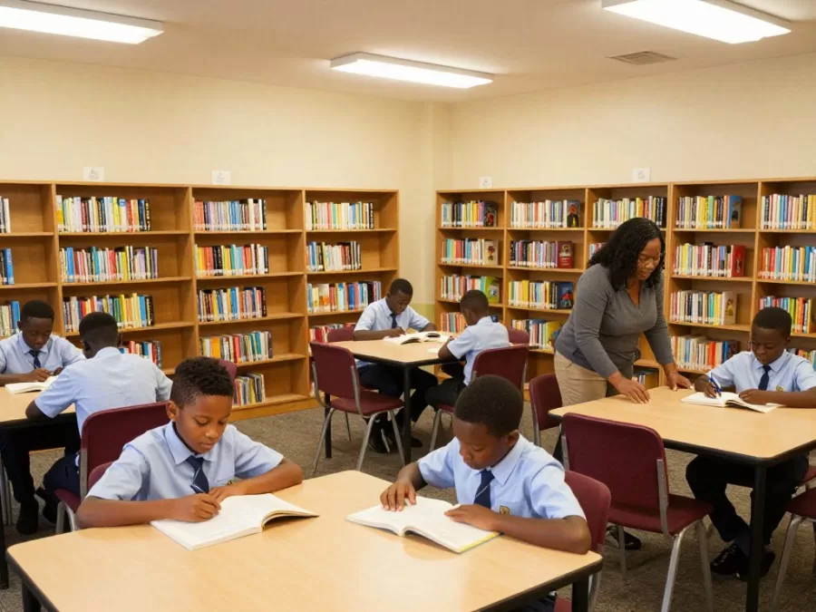 Pembroke Hall Prep library with students reading