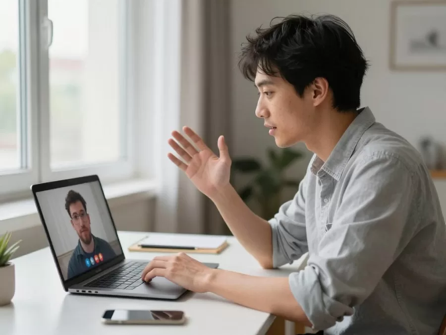 Person engaged in BetterHelp therapy session on laptop